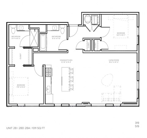 Floor plan for 2 beds, 2 baths, 1010 sqft